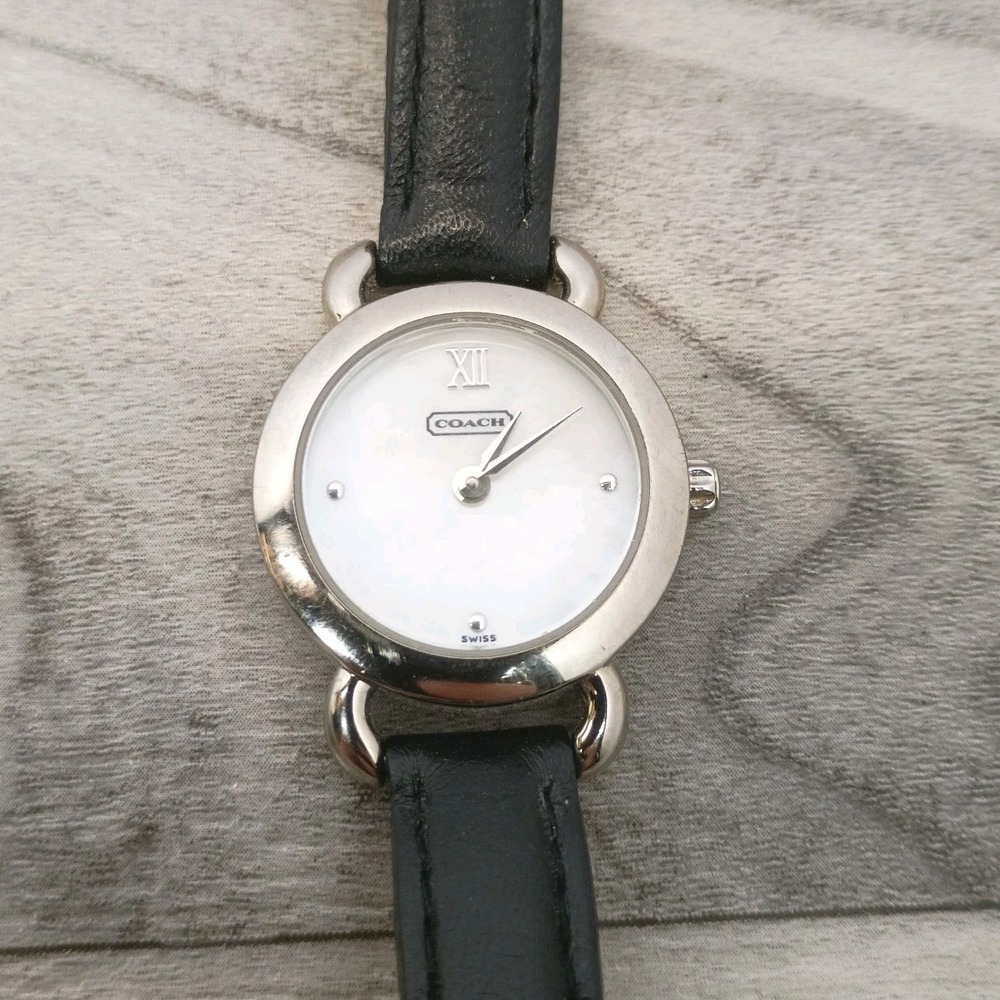 Coach Women's Watch Swiss Silver Genuine Black Leather Strap New Battery Pearl